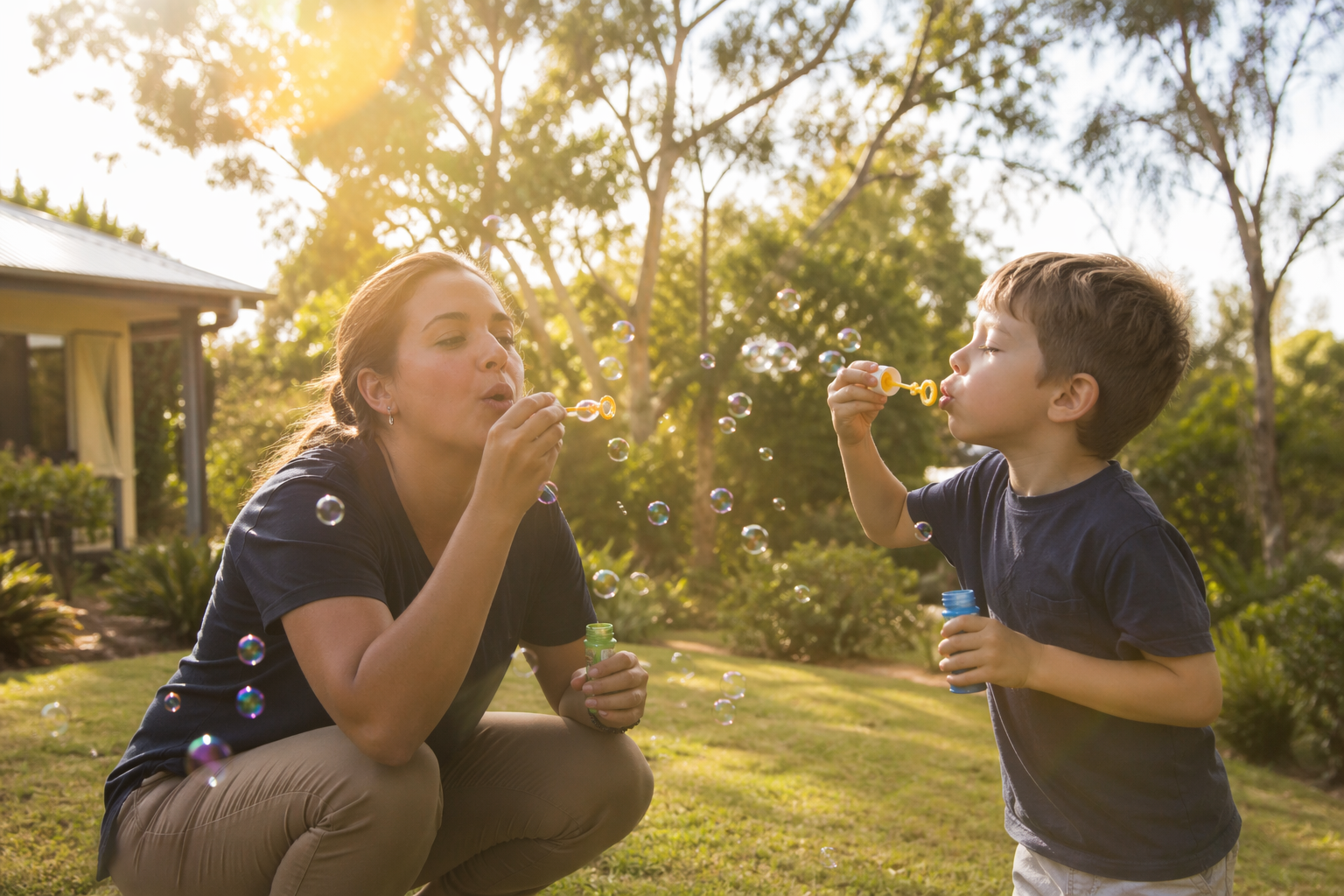 A parent and child playing together in golden-hour light.
